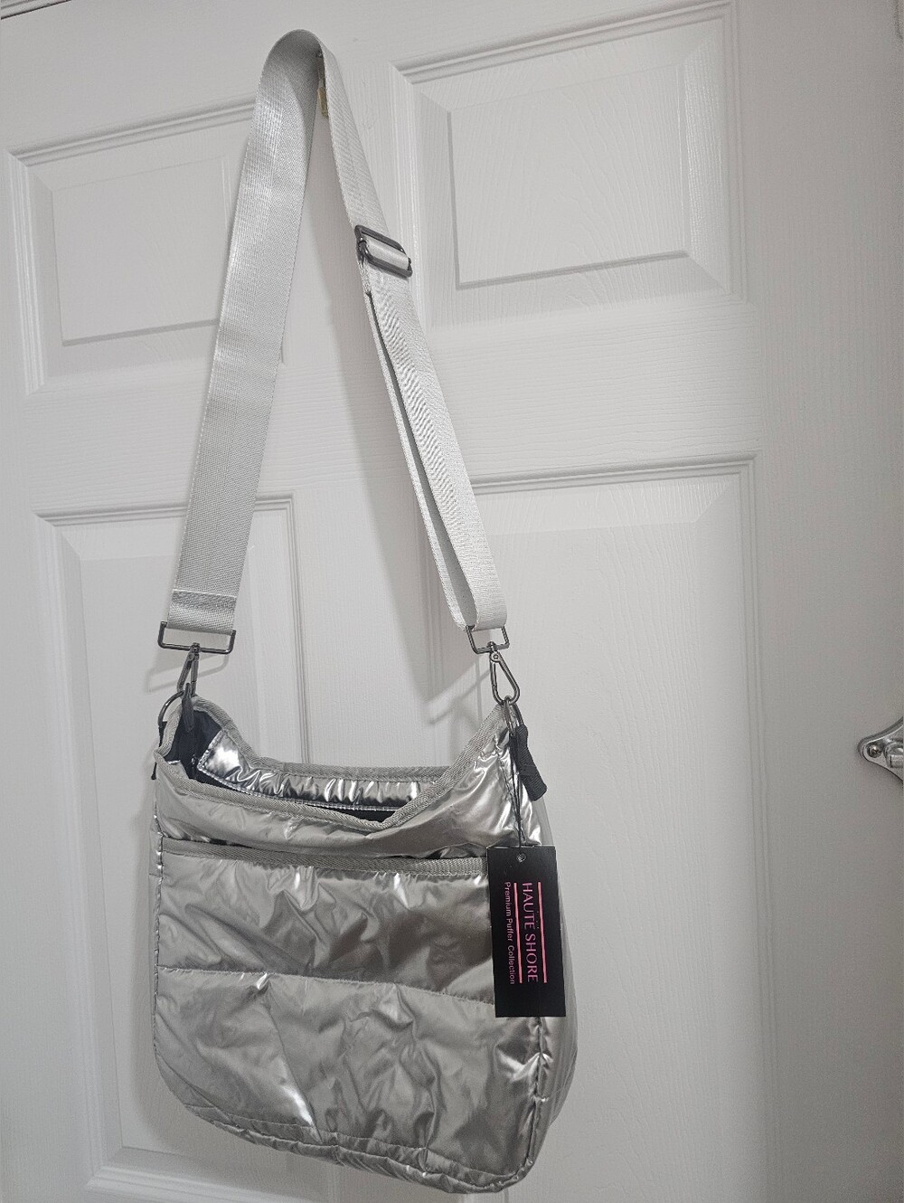 HAUTE SHORE Metallic Silver Quilted Crossbody Bag